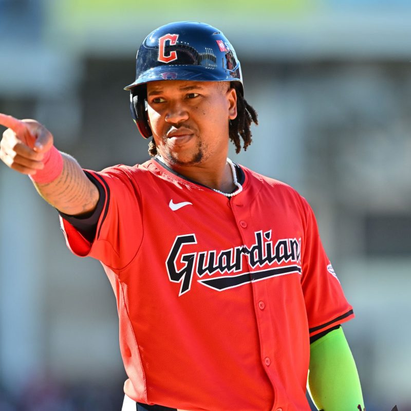 CLEVELAND, OHIO - OCTOBER 05: José Ramírez #11 of the Cleveland Guardians reacts during the sixth inning against the Detroit Tigers in Game One of the Division Series at Progressive Field on October 05, 2024 in Cleveland, Ohio. (Photo by Jason Miller/Getty Images)