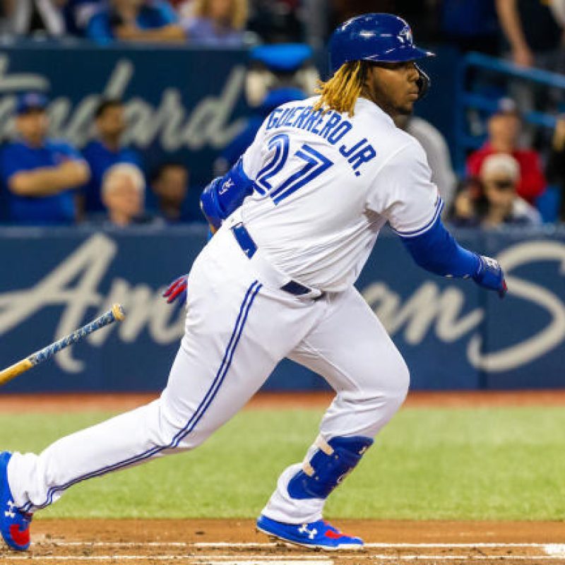 Apr 26, 2019; Toronto, Ontario, CAN; Toronto Blue Jays third baseman Vladimir Guerrero Jr. grounds out against the Oakland Athletics during the second inning at Rogers Centre. Mandatory Credit: Kevin Sousa-USA TODAY Sports